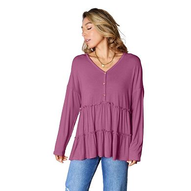 Fashnzfab Half Button Long Sleeve Ruffle Hem Blouse