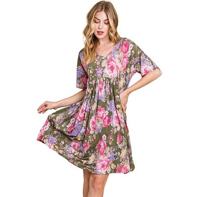 Fashnzfab Flower Print V-neck Ruched Dress