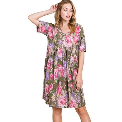 Fashnzfab Flower Print V-neck Ruched Dress