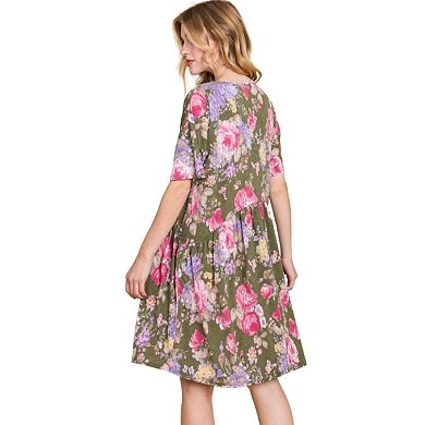 Fashnzfab Flower Print V-neck Ruched Dress