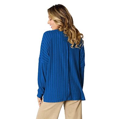 Fashnzfab Full Size Ribbed Round Neck Slit Knit Top