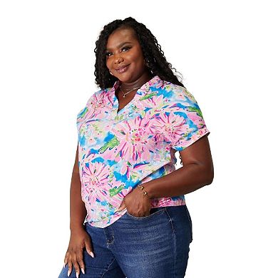 Fashnzfab Floral Notched Neck Short Sleeve Top