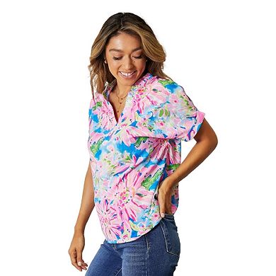 Fashnzfab Floral Notched Neck Short Sleeve Top