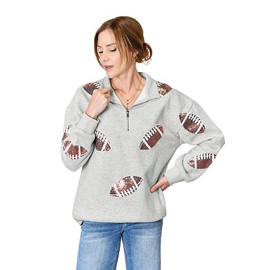 Fashnzfab Full Size Sequin Football Half Zip Long Sleeve Sweatshirt