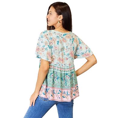 Fashnzfab Floral Tie Neck Short Sleeve Blouse