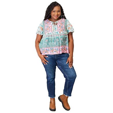 Fashnzfab Floral Tie Neck Short Sleeve Blouse