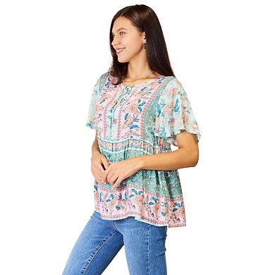 Fashnzfab Floral Tie Neck Short Sleeve Blouse