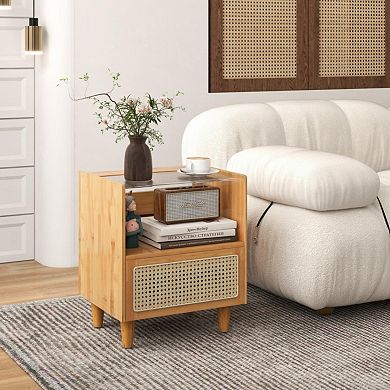 Bamboo Rattan Nightstand With Drawer And Solid Wood Legs