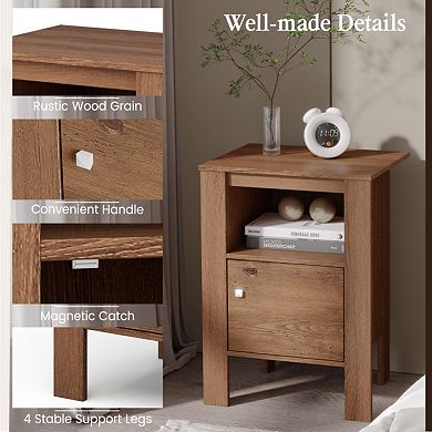 Compact Floor Farmhouse Nightstand With Open Shelf And Cabinet