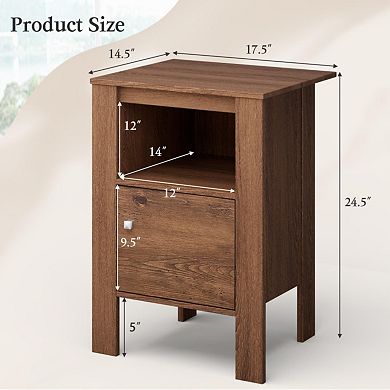 Compact Floor Farmhouse Nightstand With Open Shelf And Cabinet