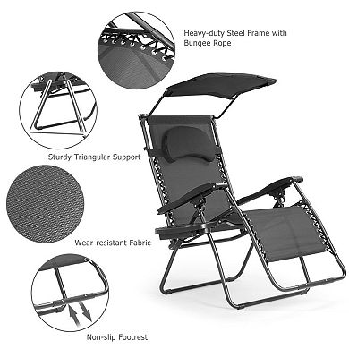 Folding Recliner Lounge Chair With Shade Canopy Cup Holder