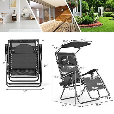 Folding Recliner Lounge Chair With Shade Canopy Cup Holder