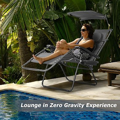 Folding Recliner Lounge Chair With Shade Canopy Cup Holder