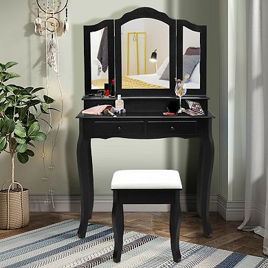 4 Drawers Wood Mirrored Vanity Dressing Table With Stool