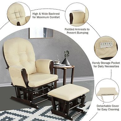 Wood Glider And Ottoman Set With Padded Armrests And Detachable Cushion