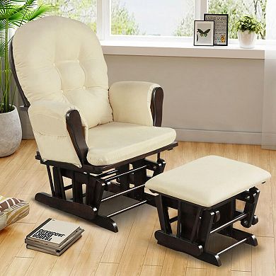 Wood Glider And Ottoman Set With Padded Armrests And Detachable Cushion