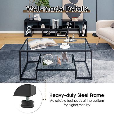 Modern 2-tier Rectangular Coffee Table With Glass Table Top