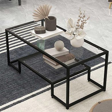 Modern 2-tier Rectangular Coffee Table With Glass Table Top