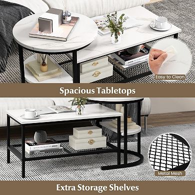 Set Of 2 Nesting Coffee Table With Extra Storage Shelf For Living Room