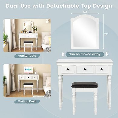 Makeup Vanity Table And Stool Set With Detachable Mirror And 3 Drawers Storage