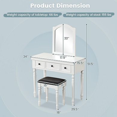 Makeup Vanity Table And Stool Set With Detachable Mirror And 3 Drawers Storage