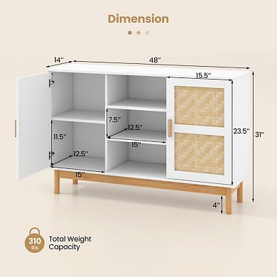 48 Inch Sideboard Buffet Cabinet Floor Storage Cabinet With 2 Bamboo Woven Doors