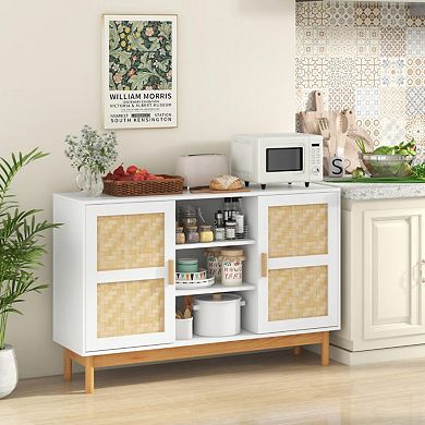 48 Inch Sideboard Buffet Cabinet Floor Storage Cabinet With 2 Bamboo Woven Doors