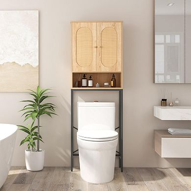 Over The Toilet Storage Cabinet With Rattan Doors And Shelves-natural