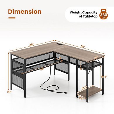 L-shaped Computer Desk With Charging Station And Adjustable Shelf-gray