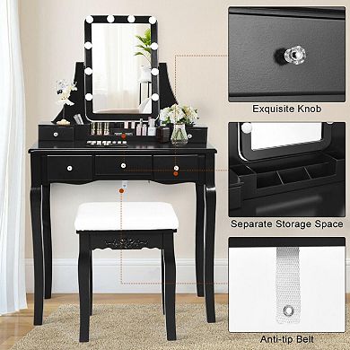 10 Dimmable Light Bulbs Vanity Dressing Table With 2 Dividers And Cushioned Stool