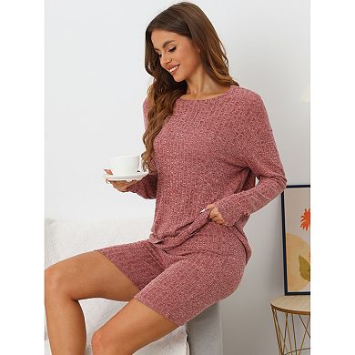 Womens Pajamas 2 Piece Sets Ribbed Knit Outfits Long Sleeved Top With Slim Biker Shorts Lounge Set