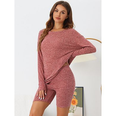 Womens Pajamas 2 Piece Sets Ribbed Knit Outfits Long Sleeved Top With Slim Biker Shorts Lounge Set