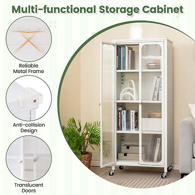 Glass Doors Storage Cabinet With Wheels And Adjustable Shelves-white