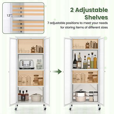 Glass Doors Storage Cabinet With Wheels And Adjustable Shelves-white