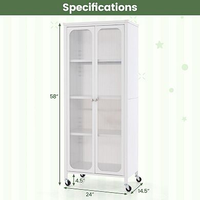 Glass Doors Storage Cabinet With Wheels And Adjustable Shelves-white