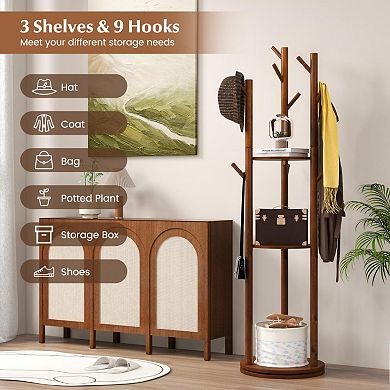 Freestanding Wooden Coat Tree With 3 Display Storage Shelves And 9 Hooks