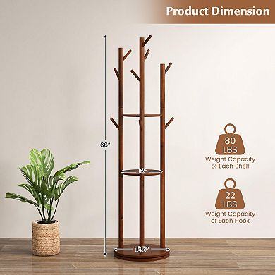 Freestanding Wooden Coat Tree With 3 Display Storage Shelves And 9 Hooks