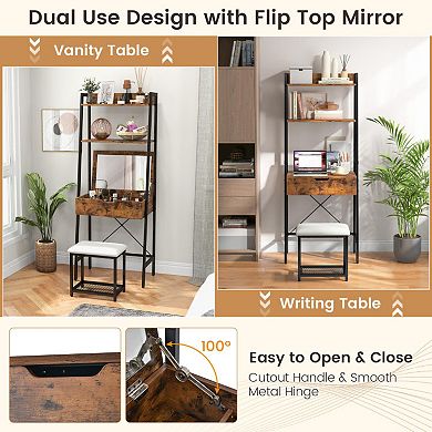 Ladder Vanity Desk Set With Flip Top Mirror And Cushioned Stool