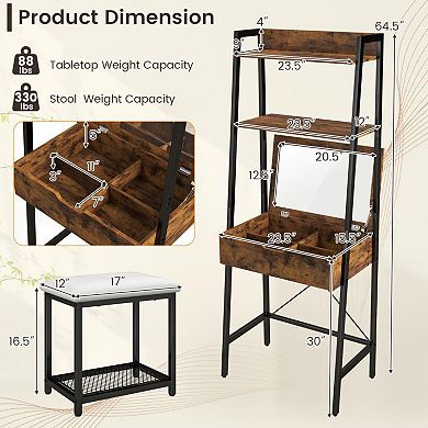 Ladder Vanity Desk Set With Flip Top Mirror And Cushioned Stool