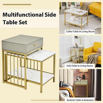 2 Pieces Modern Nesting Coffee Table Set With Drawer And Shelf