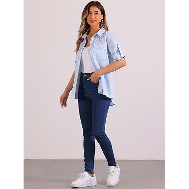 Striped Button Down Shirts For Women's Long Sleeves With Pockets Casual Shirt