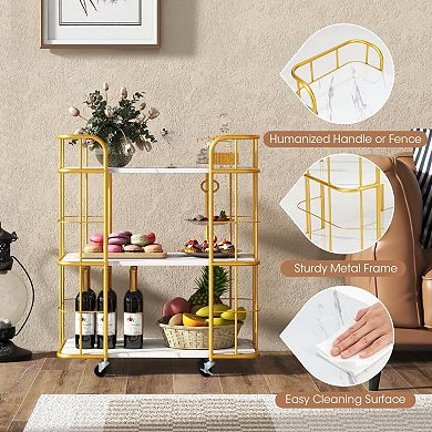 3-tier Metal Kitchen Storage Serving Cart Trolley With Marble Tabletop And Handles-golden