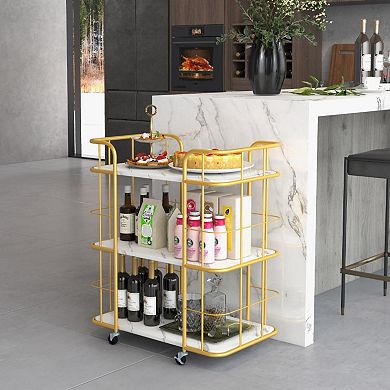 3-tier Metal Kitchen Storage Serving Cart Trolley With Marble Tabletop And Handles-golden