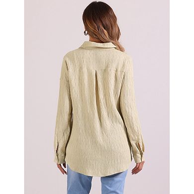 Textured Blouse For Women's Button Down Long Sleeve Shirt Casual Office Tops