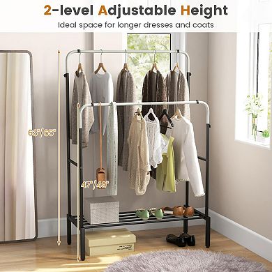 Double Rod Clothes Garment Rack With Adjustable Heights-silver