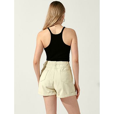 Women's High Waist Shorts With Pockets Elastic Waist Casual Summer Denim Shorts