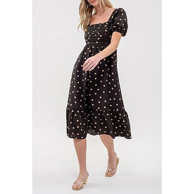 August Sky Women's Polka Dot Puff Sleeve Pleated Front Midi Dress