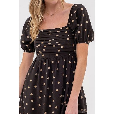 August Sky Women's Polka Dot Puff Sleeve Pleated Front Midi Dress