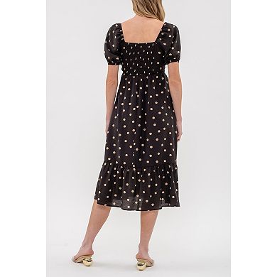 August Sky Women's Polka Dot Puff Sleeve Pleated Front Midi Dress