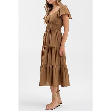 August Sky Women's Flutter Sleeves Elasticized Waist Tiered Midi Dress